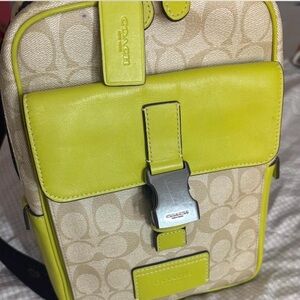 Coach Beige Signature Crossbody with Lime Green Trim